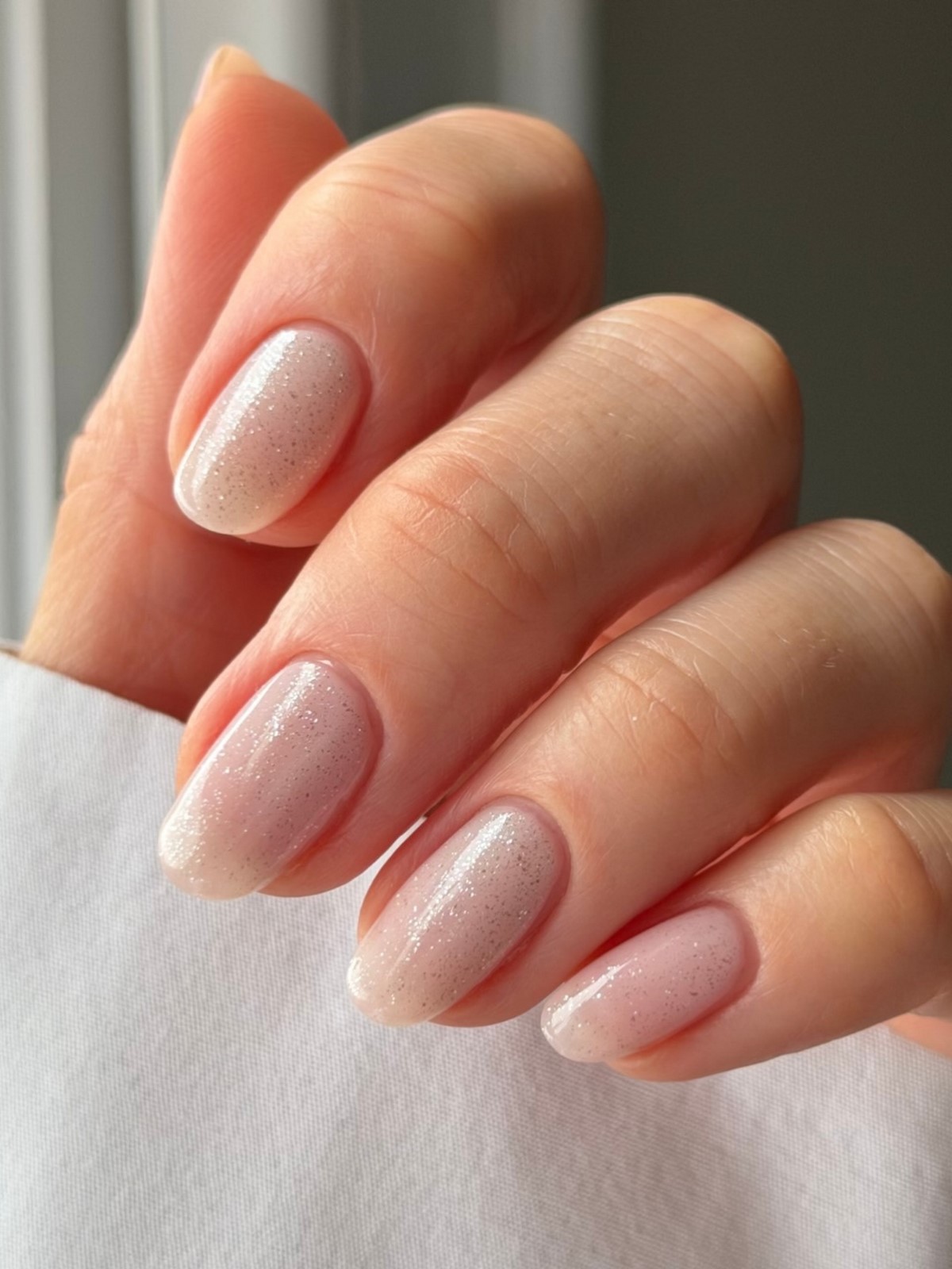 Напівпрозорий молочний manicure з дрібним shimmer і м’яким скляним блиском