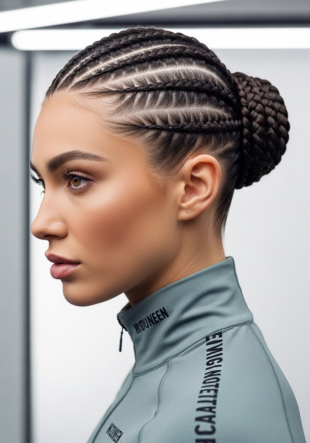 Графічні cornrow braids, зібрані в пучок, у сучасному beauty-образі