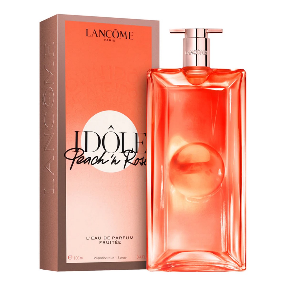Флакон Lancôme Idôle Peach ’N Roses Eau de Parfum поруч із коробкою