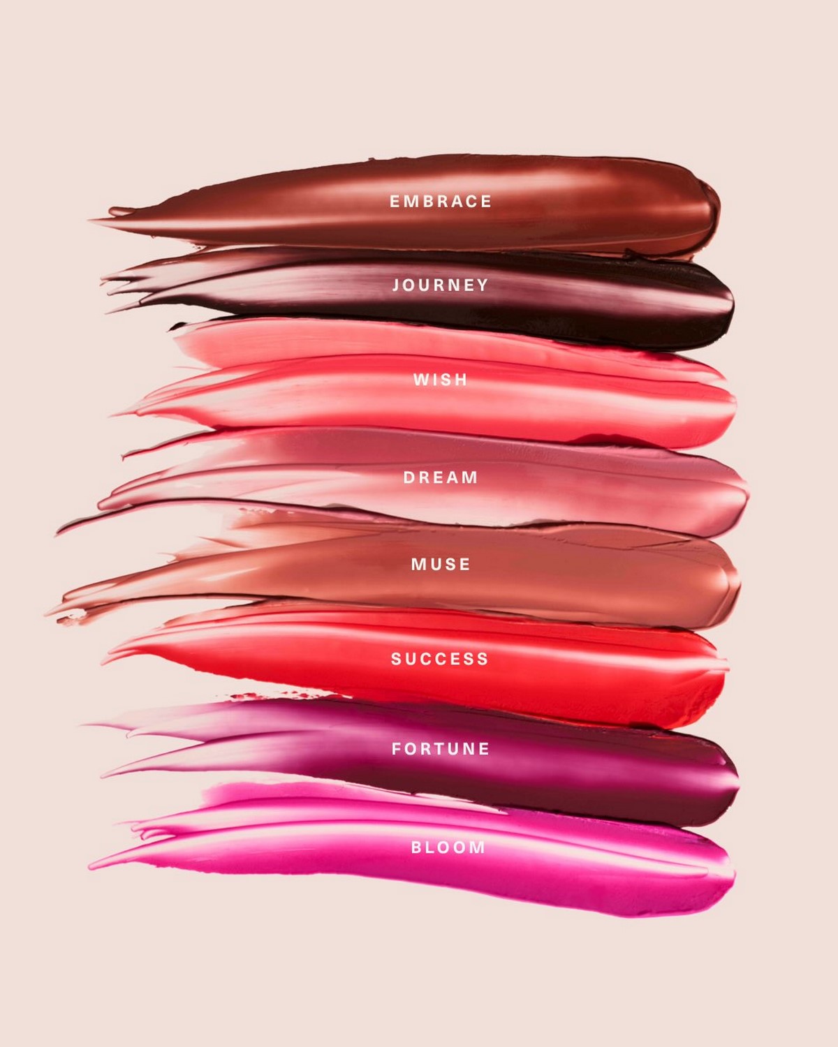 Свотчі восьми відтінків Rare Beauty Soft Pinch Lip Oil Stick з назвами Embrace, Journey, Wish, Dream, Muse, Success, Fortune і Bloom