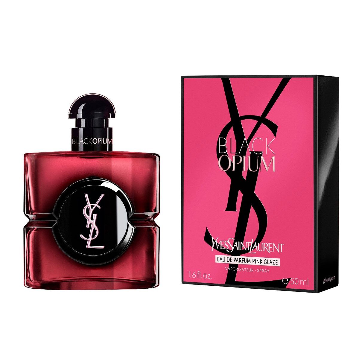Флакон Black Opium Pink Glaze поруч із рожево-чорним пакованням YSL Beauty