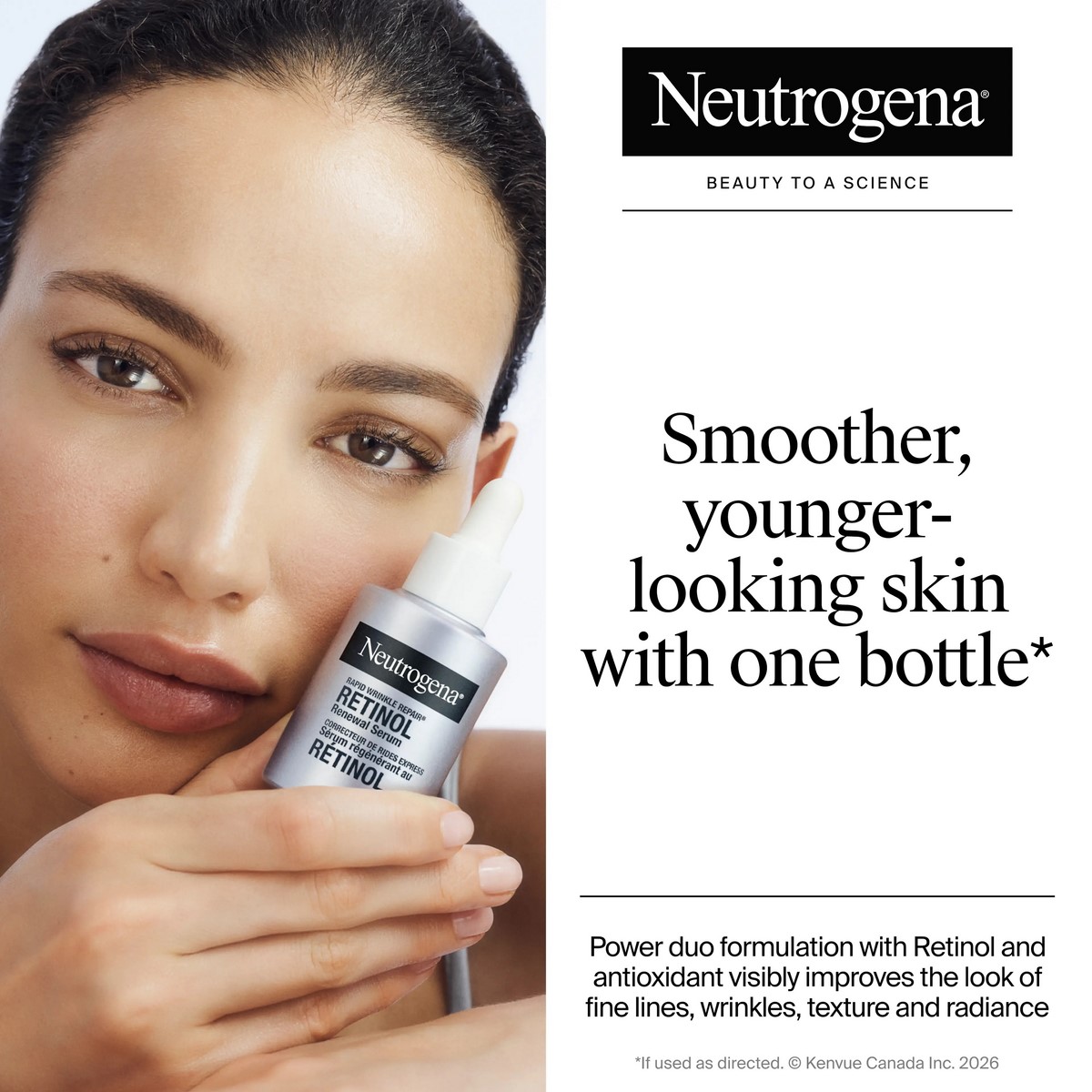 Модель тримає сироватку Neutrogena Retinol Renewal Serum