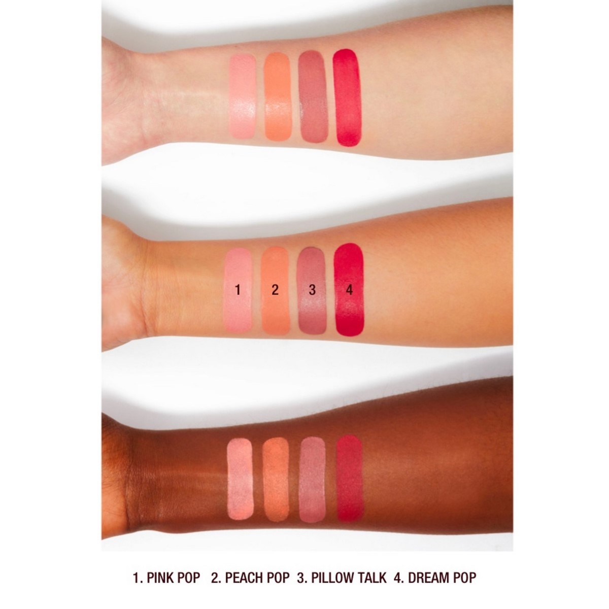 Свотчі рум’ян Charlotte Tilbury Matte Beauty Blush Wand на трьох тонах шкіри