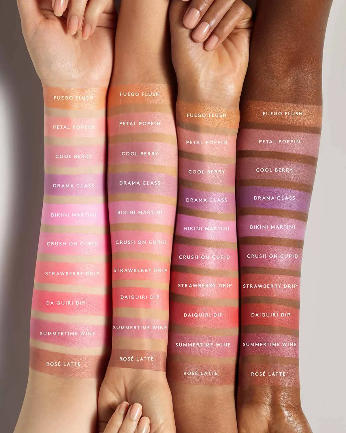 Свотчі кремових рум’ян Fenty Beauty Cheeks Out на різних тонах шкіри
