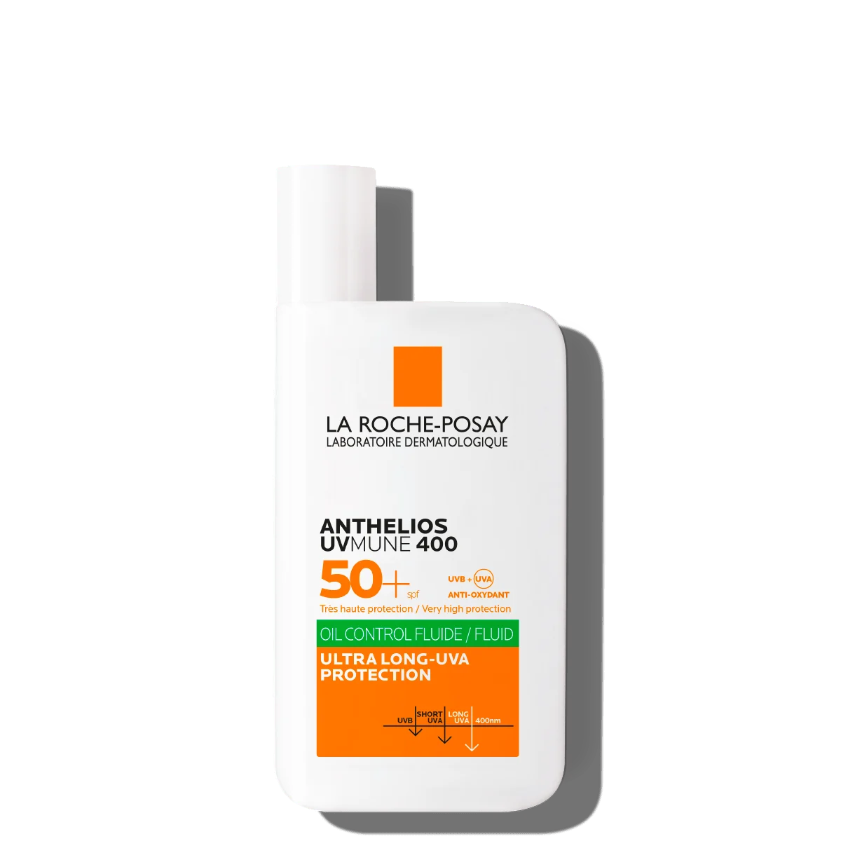 Сонцезахисний флюїд La Roche-Posay Anthelios UVMune 400 Oil Control SPF50+ на зеленому фоні