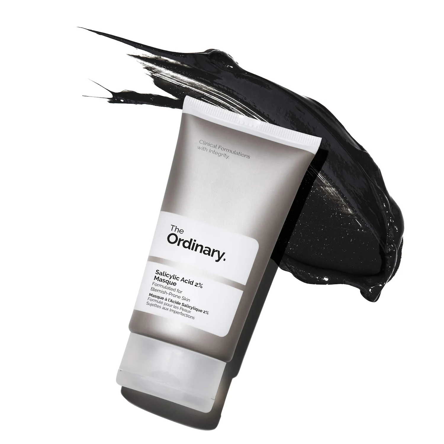 Маска The Ordinary Salicylic Acid 2% Masque з чорним мазком текстури на білому фоні