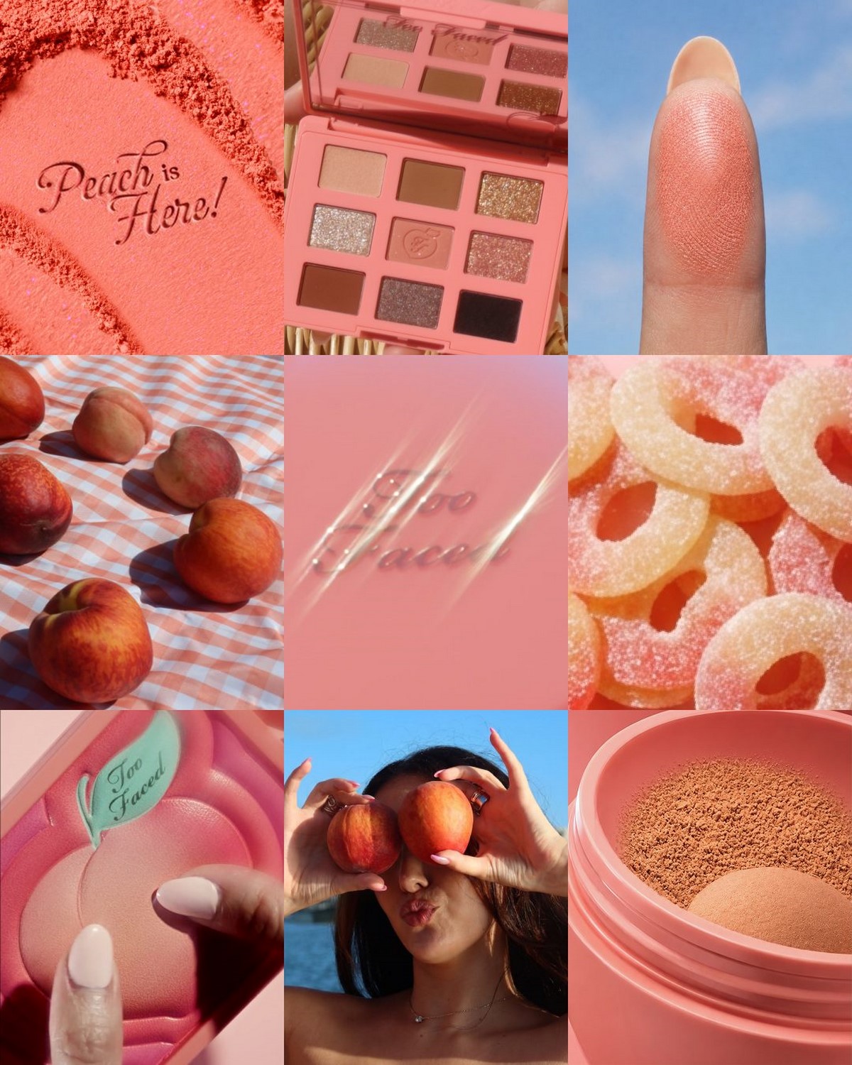 Колаж Too Faced Peach Collection з палеткою, пудрою, персиками і персиковими відтінками