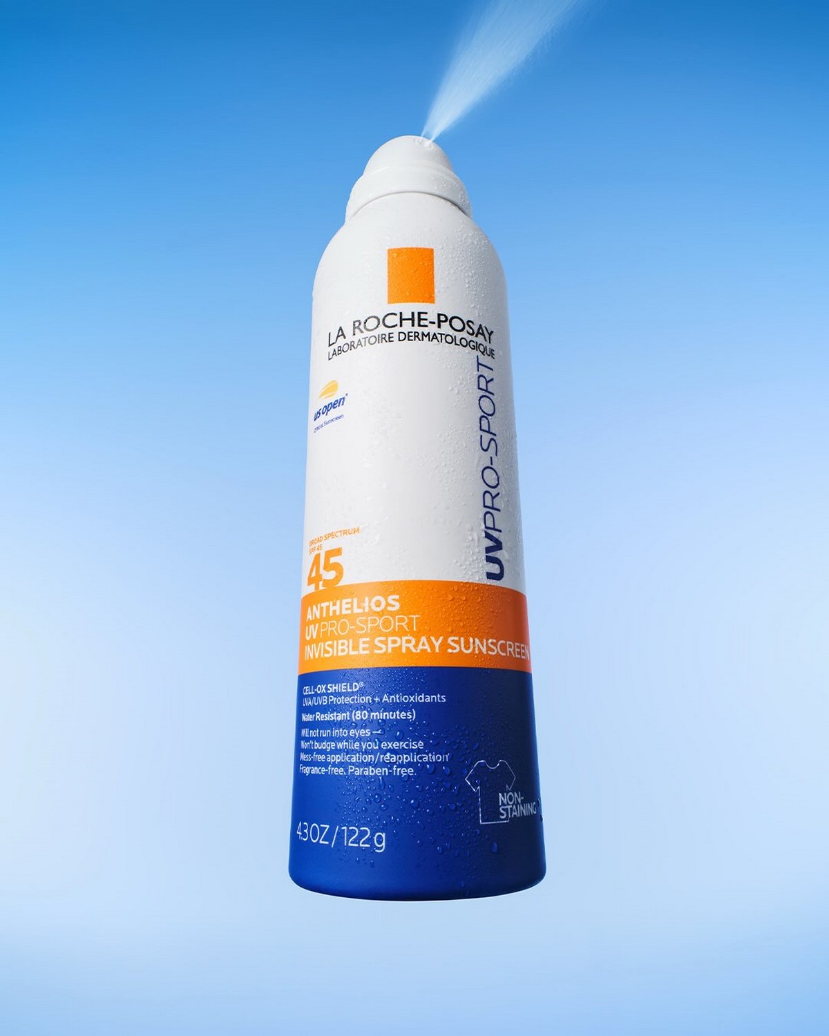 La Roche-Posay Anthelios UV Pro-Sport Invisible Spray SPF 45 на блакитному фоні